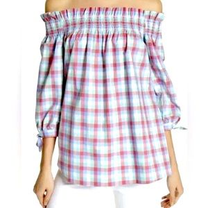 Kate Spade Gingham Plaid Off Shoulder Madras Top XL